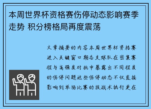 本周世界杯资格赛伤停动态影响赛季走势 积分榜格局再度震荡 本周世界杯资格赛伤停动态影响赛季走势 积分榜格局再度震荡